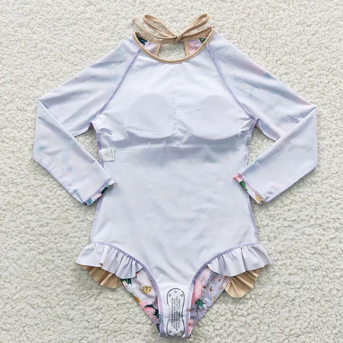 Baby Girls Grey Flowers Long Sleeve One Pieces Swimsuits