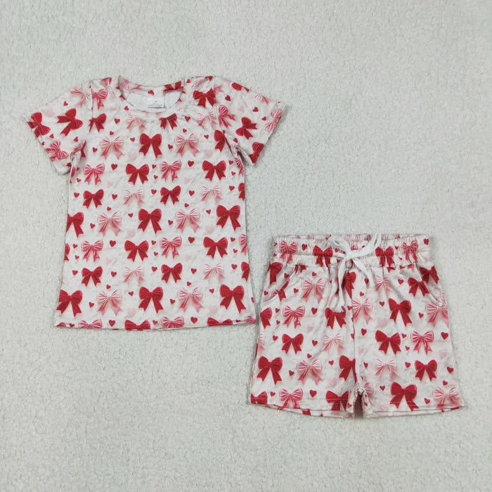 Baby Girls Hearts Bows Top Pockets Shorts Valentines Clothes Sets