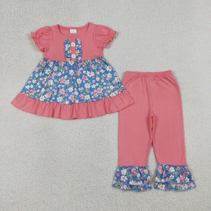 Baby Girls Navy Pink Flowers Tunic Ruffle Pants Clothing Sets
