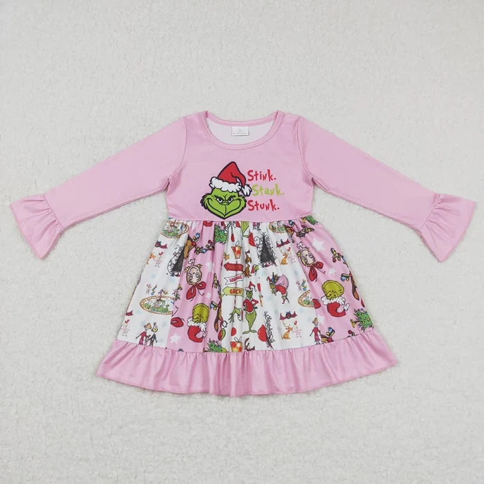 Baby Girls Pink Christmas Frog Ruffle Knee Length Dresses