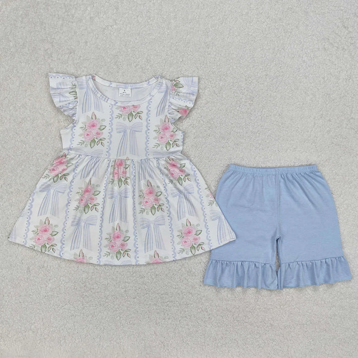 Baby Girls Pink Flowers Bows Tunic Shorts Clothes Sets