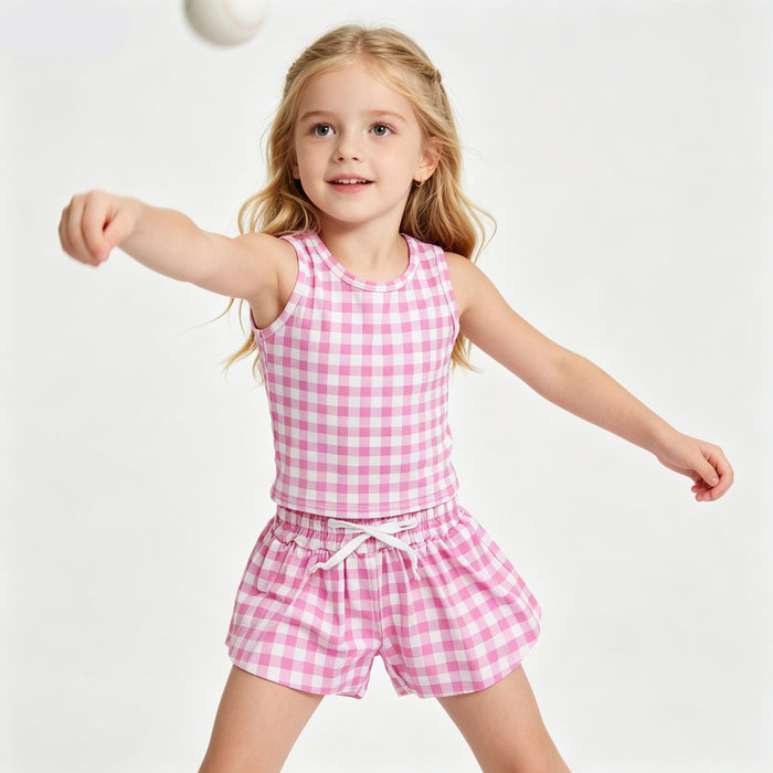 Baby Girls Pink Gingham Sleeveless Top Shors Active Outfit