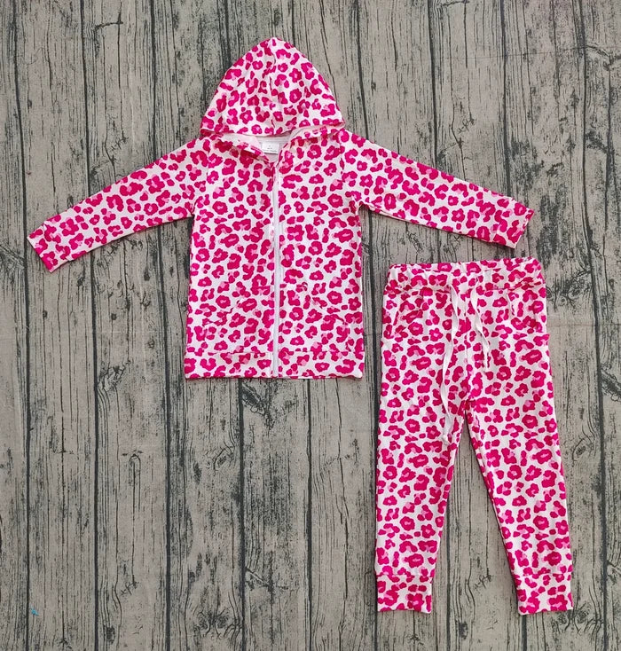 Baby Girls Pink Leopard Zipper Pocket Hoodie Top Jogger Clothes Set