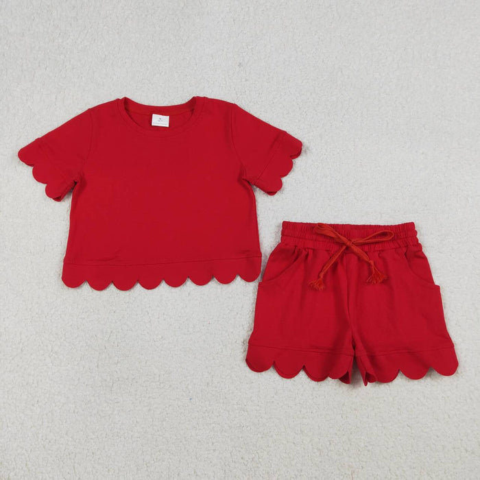 Baby Girls Red Solid Color Cotton Summer Scalloped Sets