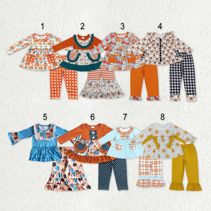 Baby Girls Sibling Pumpkin Floral Long Sleeve Tunic Top with Pants Outfit