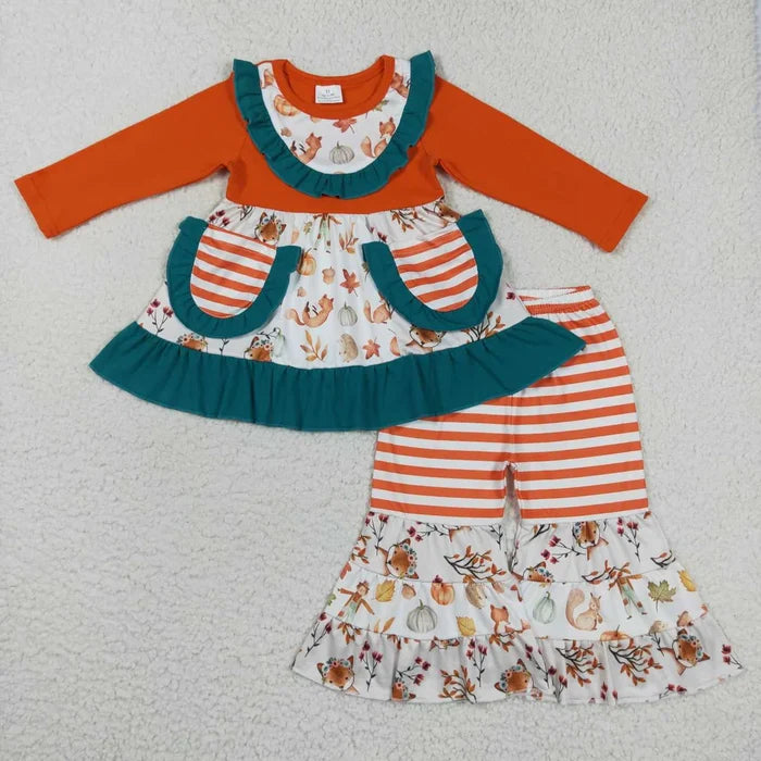 Baby Girls Sibling Pumpkin Floral Long Sleeve Tunic Top with Pants Outfit