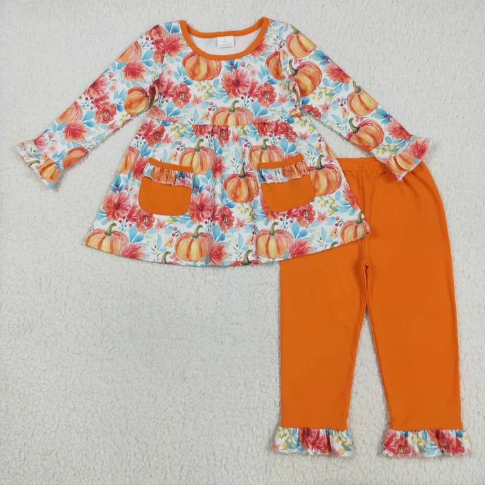 Baby Girls Sibling Pumpkin Floral Long Sleeve Tunic Top with Pants Outfit