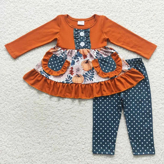Baby Girls Sibling Pumpkin Floral Long Sleeve Tunic Top with Pants Outfit