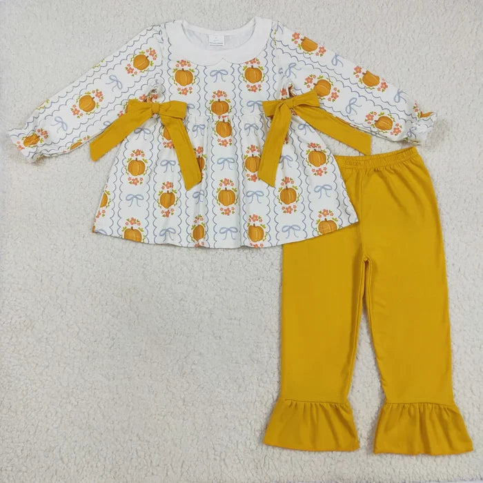 Baby Girls Sibling Pumpkin Floral Long Sleeve Tunic Top with Pants Outfit