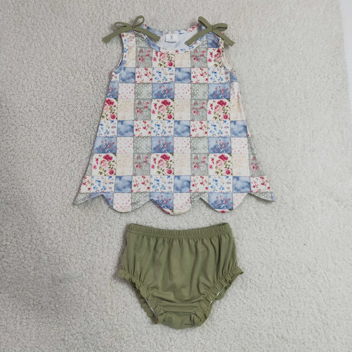 Baby Girls Sleeveless Floral Checked Scallop Tunic Bummies Clothes Sets