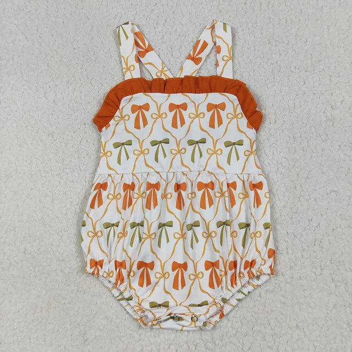 Baby Girls Strap Orange Bows Plaid Ruffle Rompers