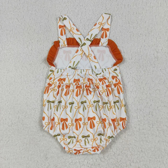Baby Girls Strap Orange Bows Plaid Ruffle Rompers