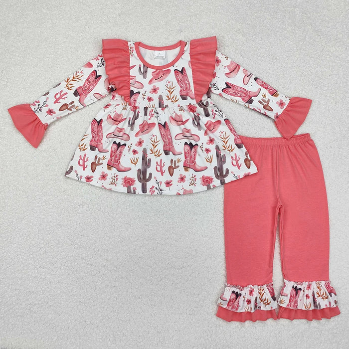 Baby Girls  Western Boots Cactus Tunic Top with Ruffle Pants Outfit