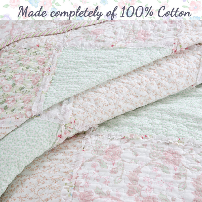 Banner Pink Floral Ruffle Real Patchwork Scalloped Edge Cotton Reversible Quilt Bedding Set