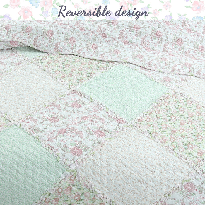 Banner Pink Floral Ruffle Real Patchwork Scalloped Edge Cotton Reversible Quilt Bedding Set