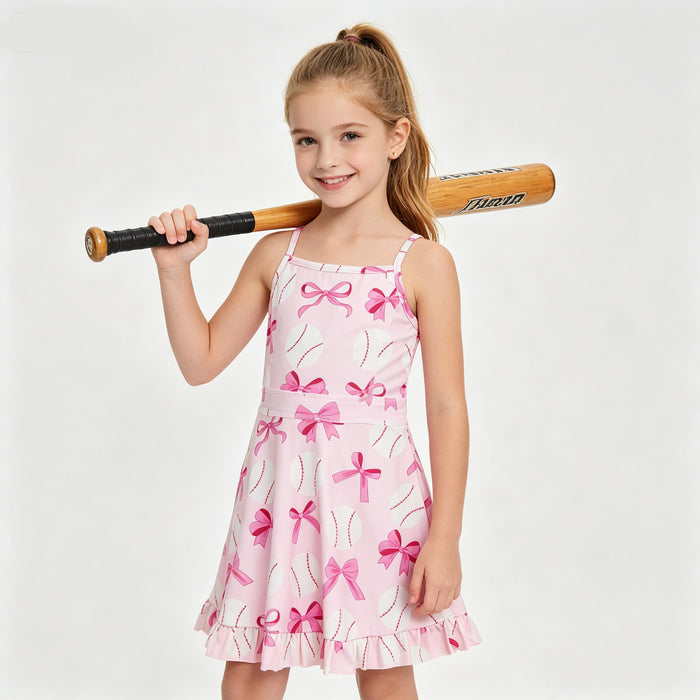 Baseball Bows Print Girls Summer Strap Shorts Ruffle Knee Length Yoga Dress