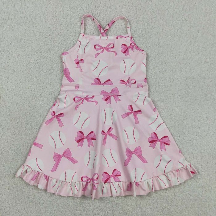 Baseball Bows Print Girls Summer Strap Shorts Ruffle Knee Length Yoga Dress
