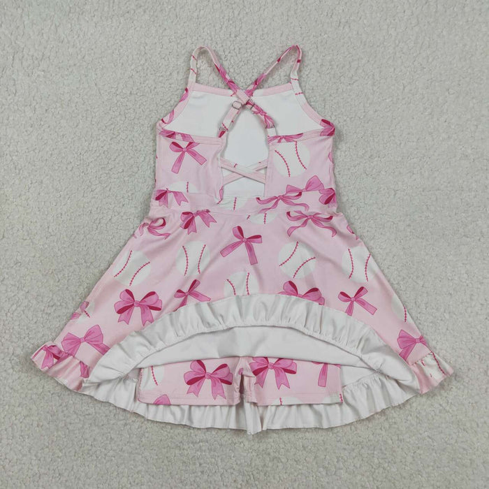 Baseball Bows Print Girls Summer Strap Shorts Ruffle Knee Length Yoga Dress