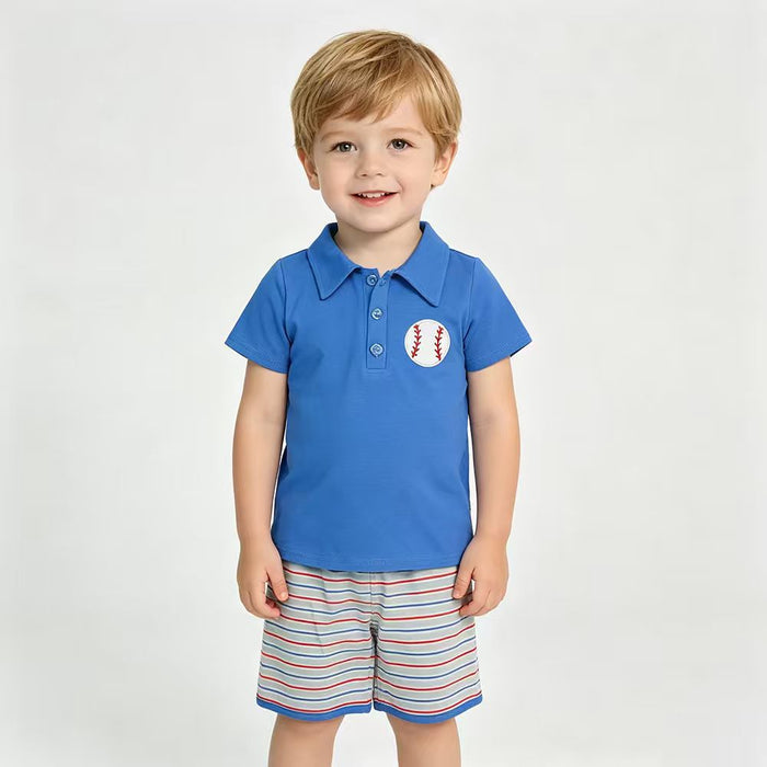 Baseball Embroidery Blue Polo Top Stripes Shorts Boys Summer Clothes Set