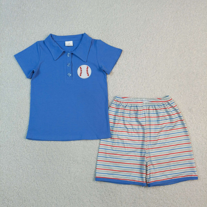 Baseball Embroidery Blue Polo Top Stripes Shorts Boys Summer Clothes Set