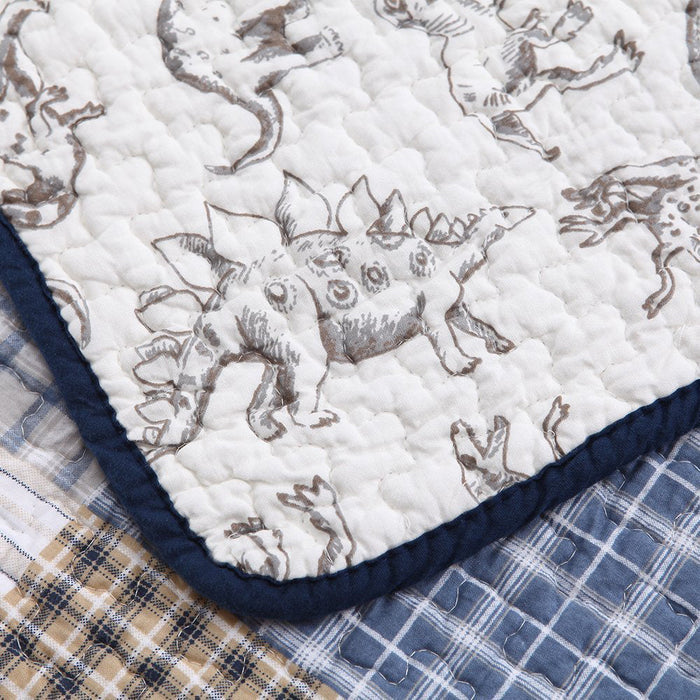 Benjamin Dinosaur Blue Brown Plaid Print Patchwork Cotton Reversible Quilt Bedding Set