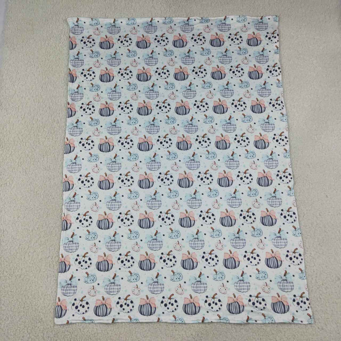 BL0253 Pumpkin Bows Blue Print Baby Girls Fall Blanket