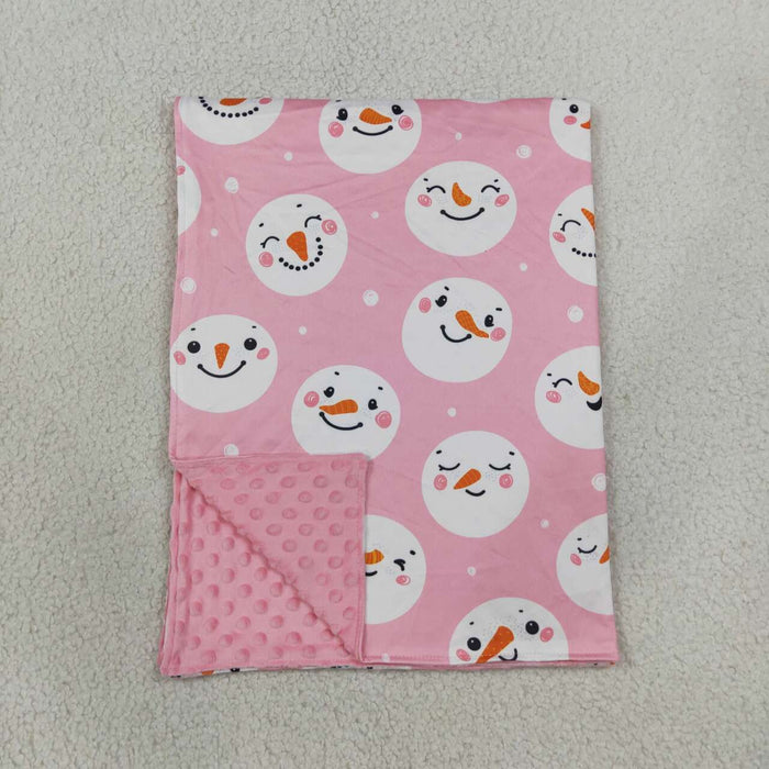 BL0266 Snowman Smiling Pink Print Baby Girls Christmas Blanket