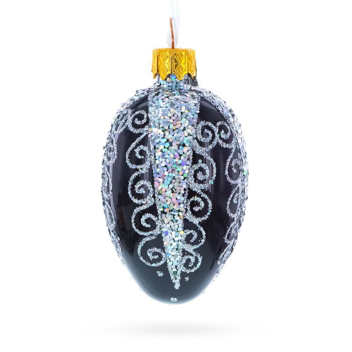 Black with Silver Glitter Swirls and Sequins Mini Glass Egg Ornament 2.9 Inches