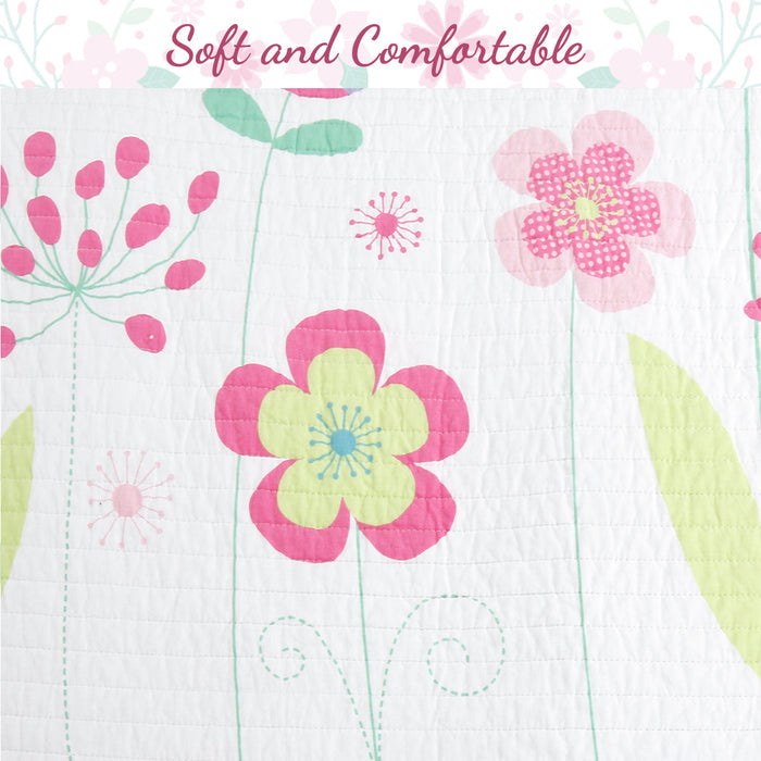 Blossom Floral Pink Purple Stripe Print Cotton Reversible Quilt Bedding Set