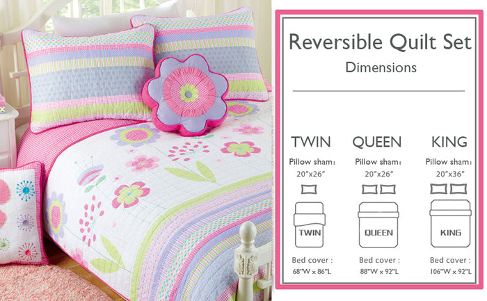 Blossom Floral Pink Purple Stripe Print Cotton Reversible Quilt Bedding Set