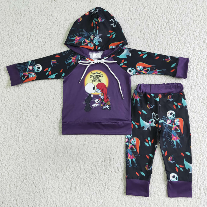 BLP0030 Nightmar* Purple Print Hoodie Top Pants Boys Halloween Clothes Set