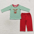 BLP0180 Deer Embroidery Stripes Top Red Pants Boys Christmas Clothes Set