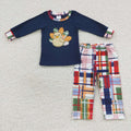 BLP0191 Turkey Embroidery Navy Top Plaid Pants Boys Thanksgiving Clothes Set