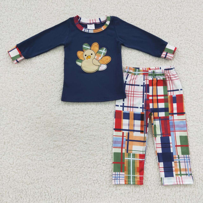 BLP0191 Turkey Embroidery Navy Top Plaid Pants Boys Thanksgiving Clothes Set