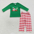 BLP0203 Santa Deer Embroidery Green Top Checkered Pants Boys Christmas Clothes Set