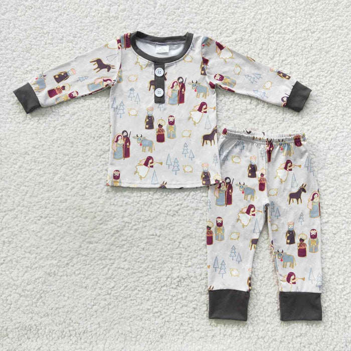 BLP0235 Nativity Stars Print Boys Christmas Pajamas Clothes Set