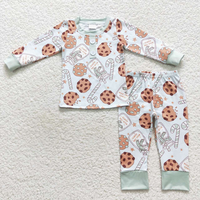 BLP0314 Cookies Milk Candy Cane Print Boys Christmas Pajamas Clothes Set