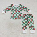 BLP0317 Snowman Checkered Print Boys Christmas Pajamas Clothes Set