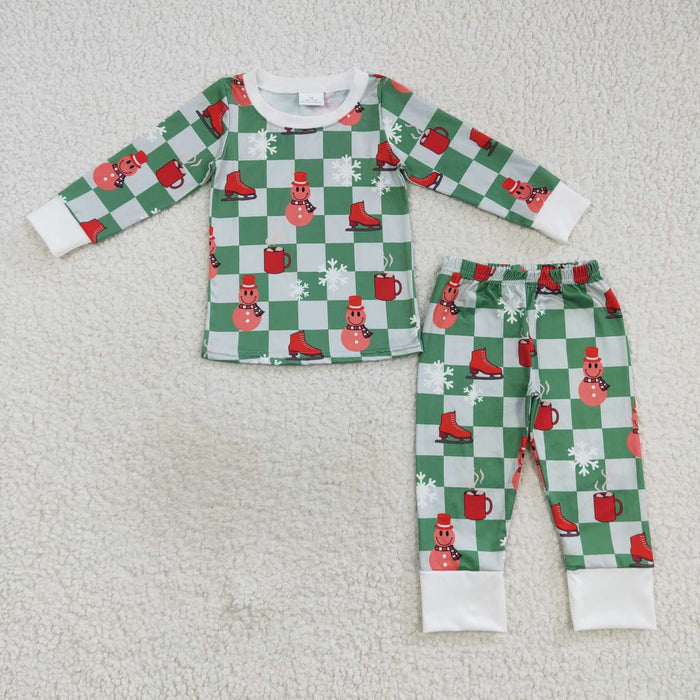 BLP0317 Snowman Checkered Print Boys Christmas Pajamas Clothes Set