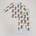 BLP0475 Green Frog Smiling Stripes Print Boys Christmas Bamboo Pajamas Clothes Set