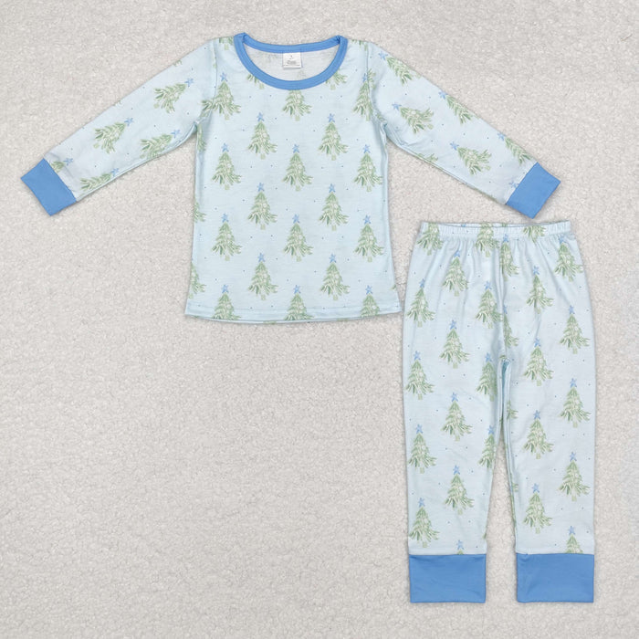 BLP0639 Tree Stars Print Boys Christmas Bamboo Pajamas Clothes Set