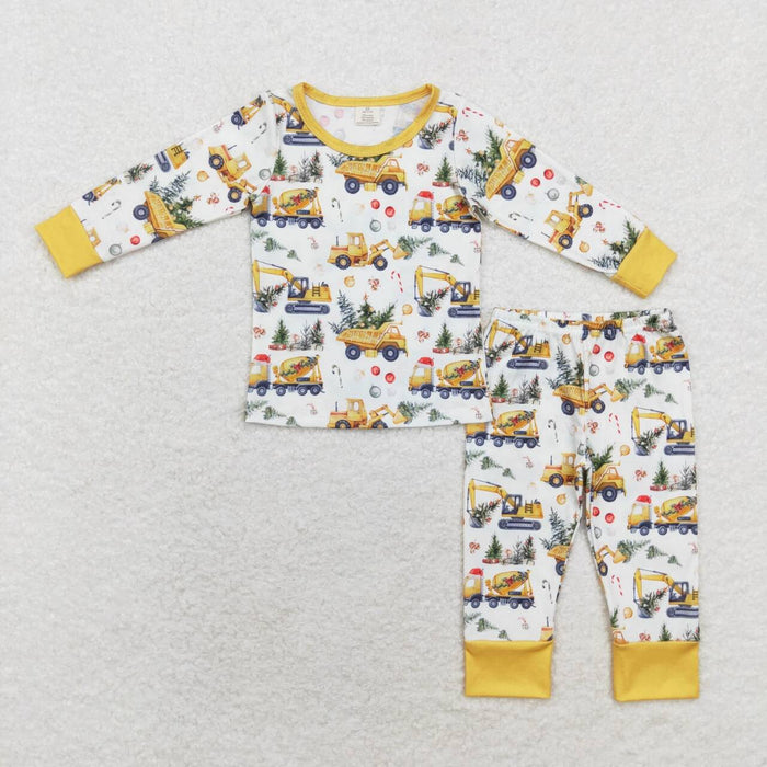 BLP0649 Construction Tree Candy Cane Print Boys Christmas Bamboo Pajamas Clothes Set