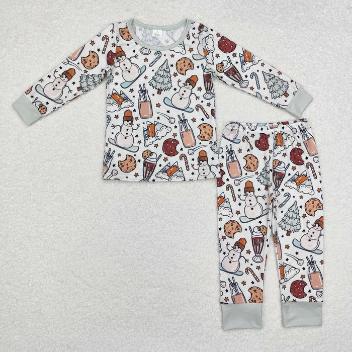 BLP0688 Snowman Cookies Milk Candy Cane Print Boys Christmas Bamboo Pajamas Clothes Set