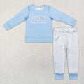 BLP0767 Jesus Blue Top Plaid Pants Boys Easter Clothes Set
