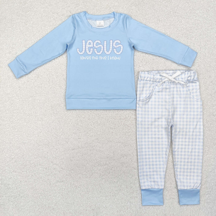 BLP0767 Jesus Blue Top Plaid Pants Boys Easter Clothes Set