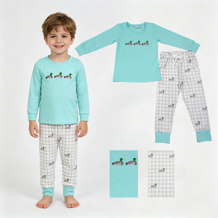 BLP1424 Duck Embroidery Aqua Top Checkered Pockets Pants Boys Clothes Set