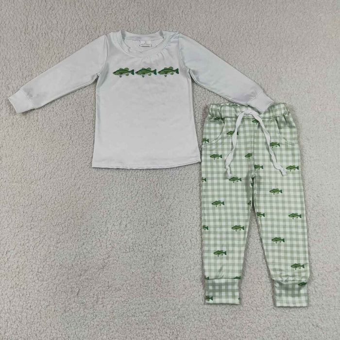 BLP1425 Fish Long Sleeve Top Gingham Pants Boys Clothes Set