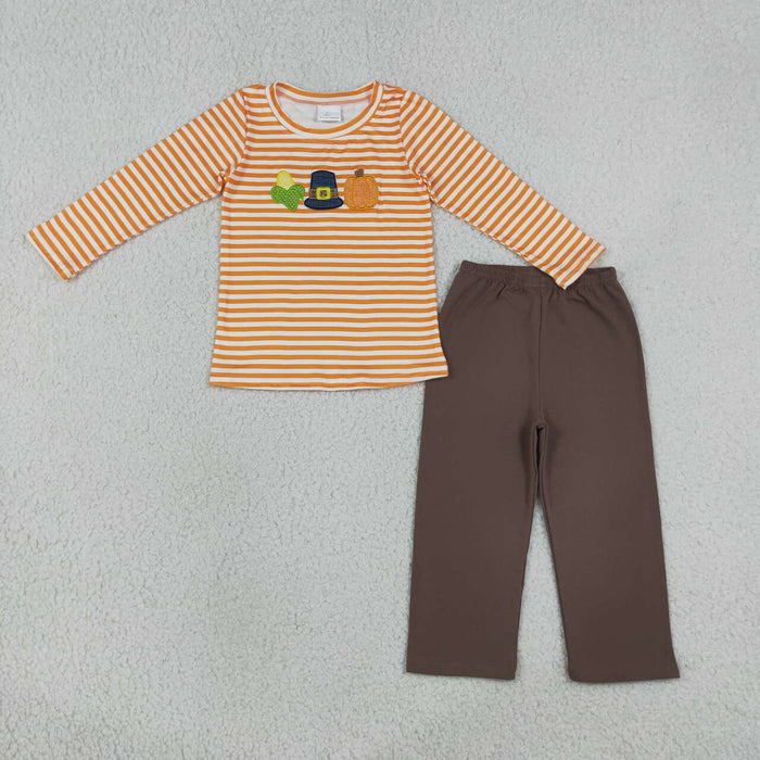 BLP1442 Corn & Pumpkin Embroidery Stripes Top Brown Pants Boys Thanksgiving Clothes Set