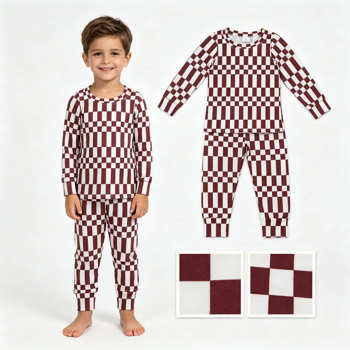 BLP1479 Brown White Checkered Print Kids Boys Pajamas Clothes Set