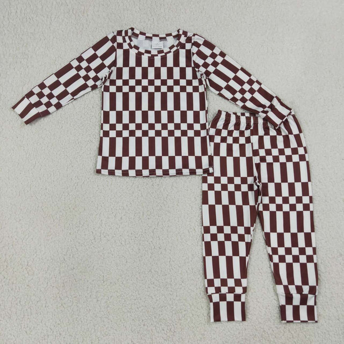 BLP1479 Brown White Checkered Print Kids Boys Pajamas Clothes Set